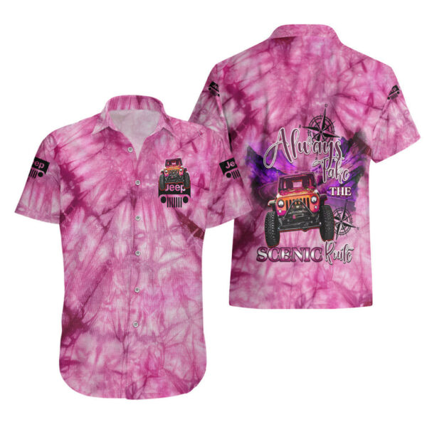 Pink Jeep Tie Dye Hawaiian Shirt Always Take The Scenic Route 3.jpg